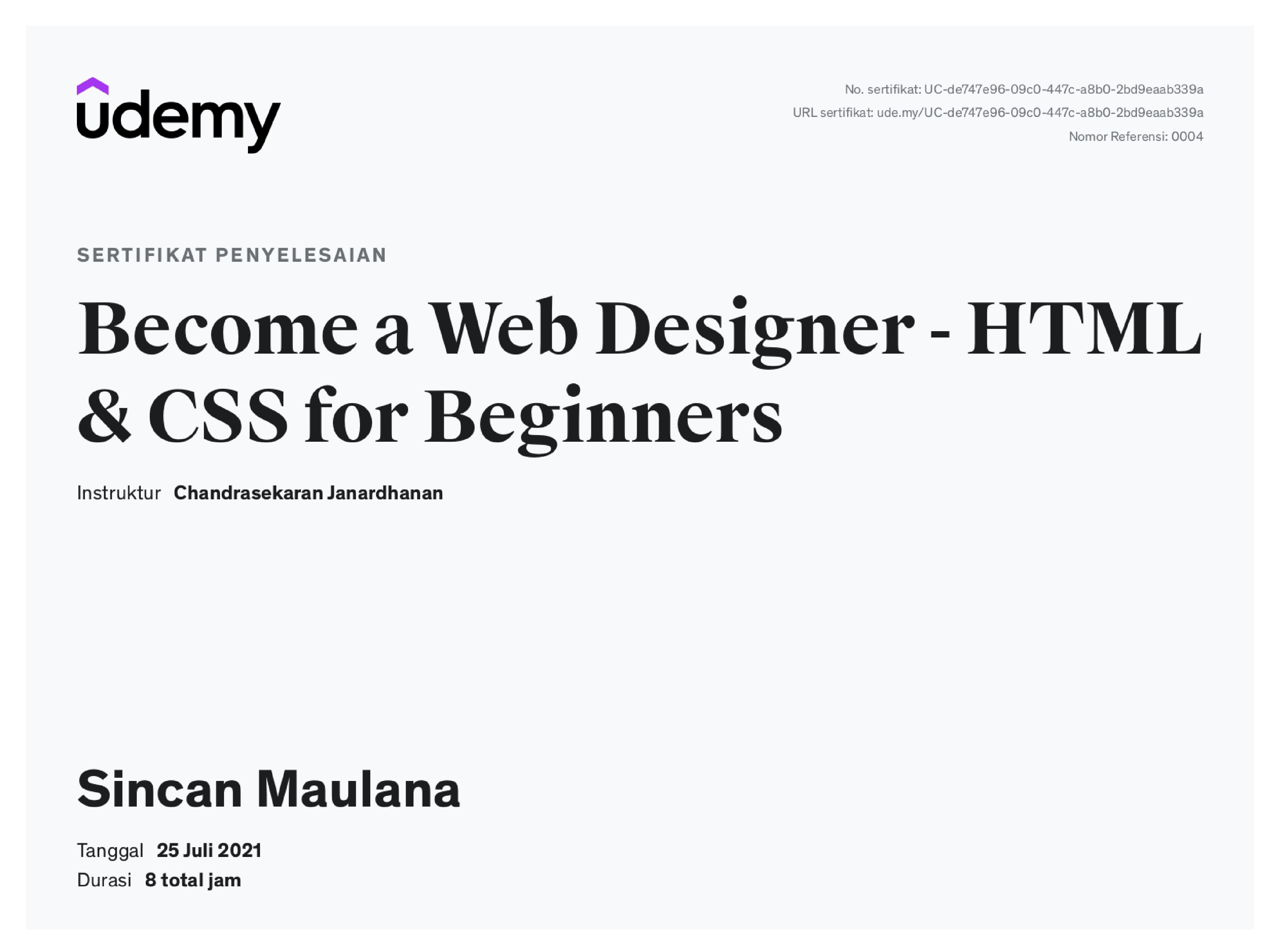 Sertifikat Become a Web Designer - HTML & CSS For Beginners